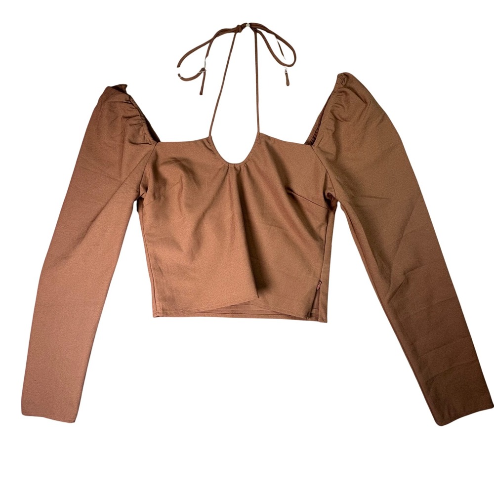 Abercrombie & Fitch Halter Neck Long Sleeve Crop Top Brown S Dark Academia Chic